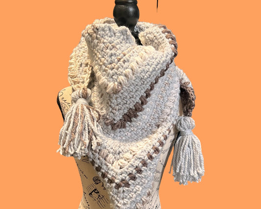 Thick & Cozy Grey with Brown Triangle Scarf / Shawl - Ready to Ship