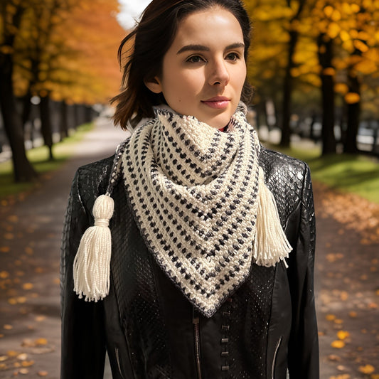 Classic Triangle Scarf in Ivory and Hand-Dyed Grey Merino Wool -  Ready to Ship