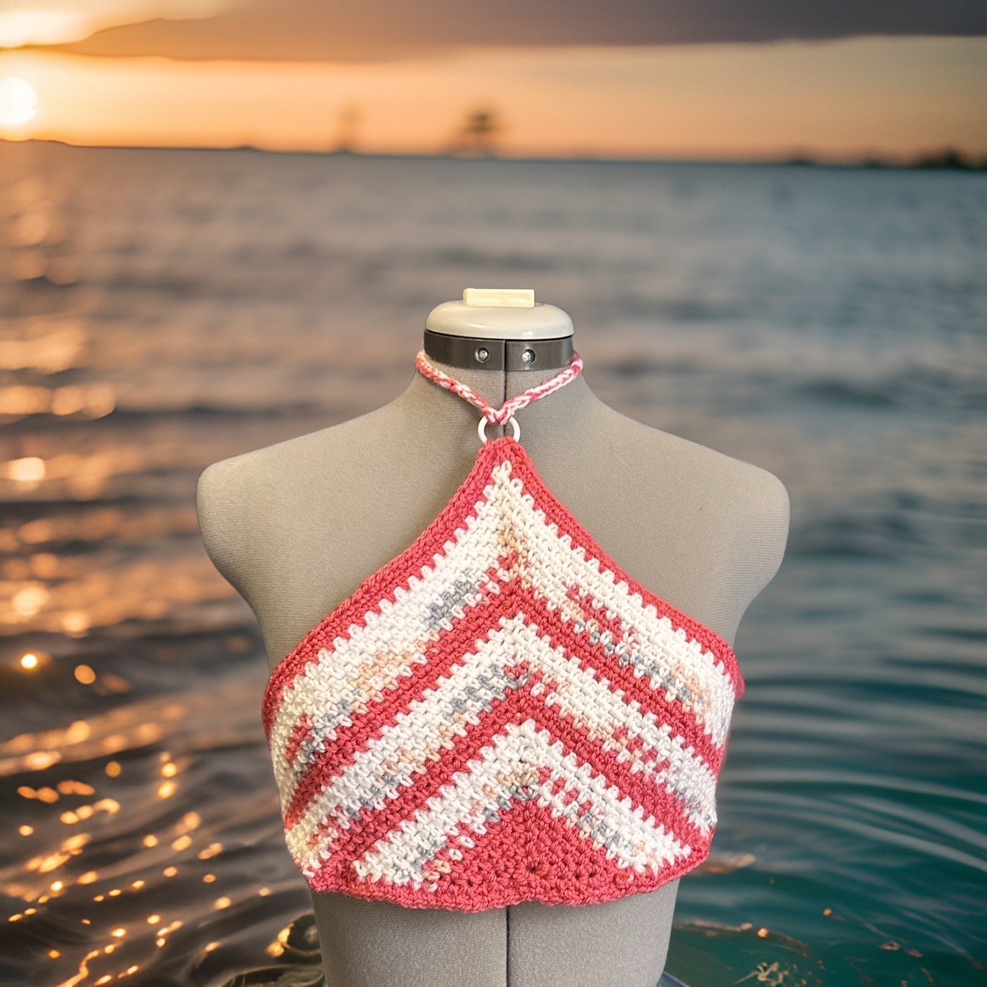 Coral White and Grey Beachy Crop Top - 100% Acrylic