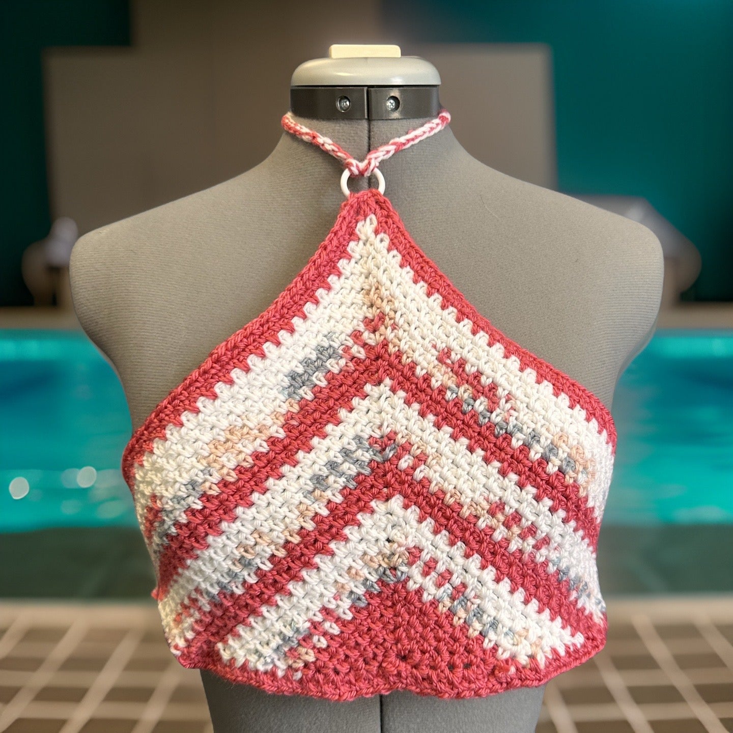 Coral White and Grey Beachy Crop Top - 100% Acrylic