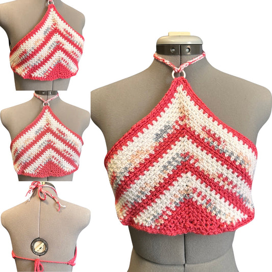 Coral White and Grey Beachy Crop Top - 100% Acrylic