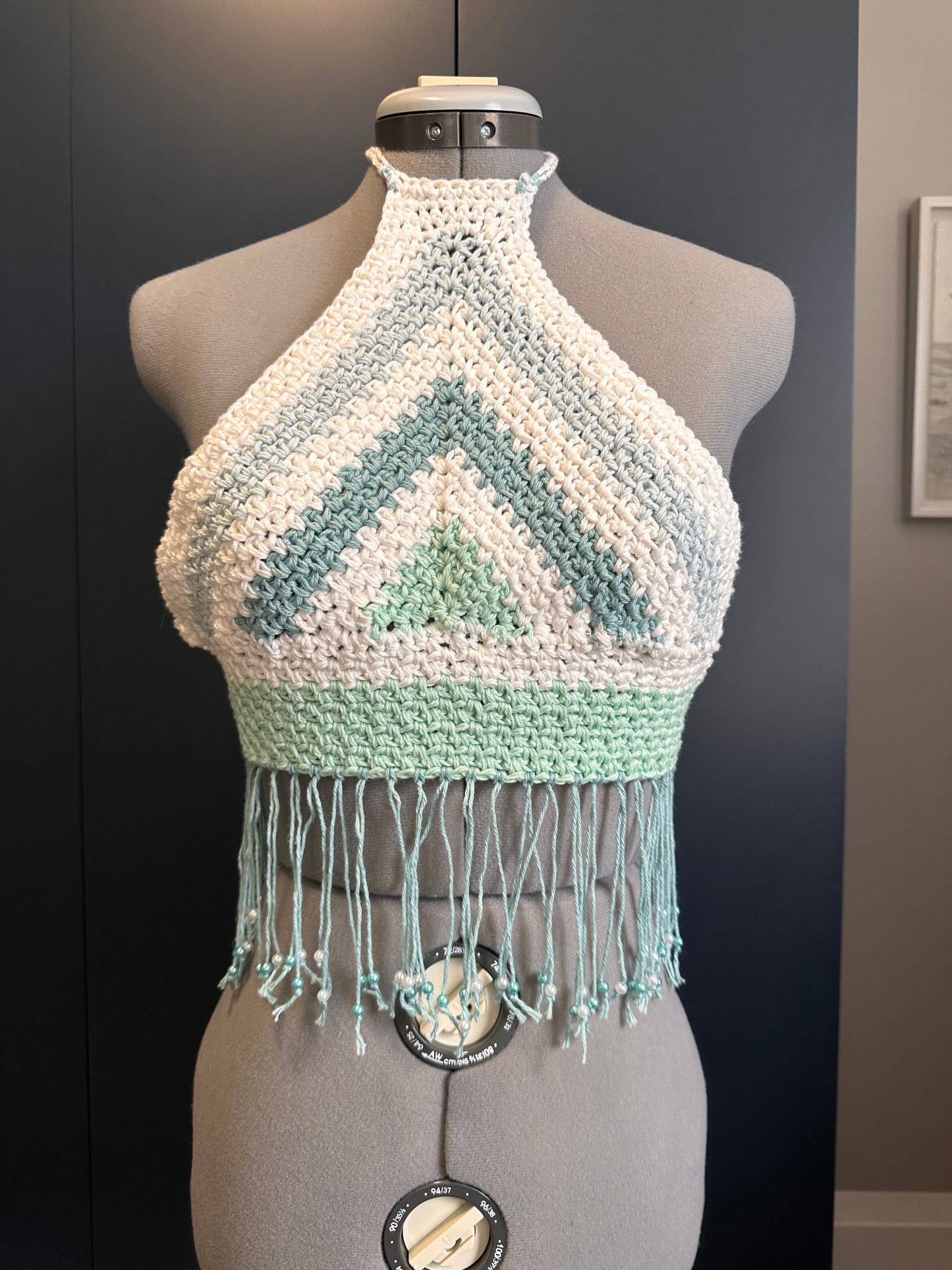 White and Aqua Beachy Crop Top - 100% Acrylic