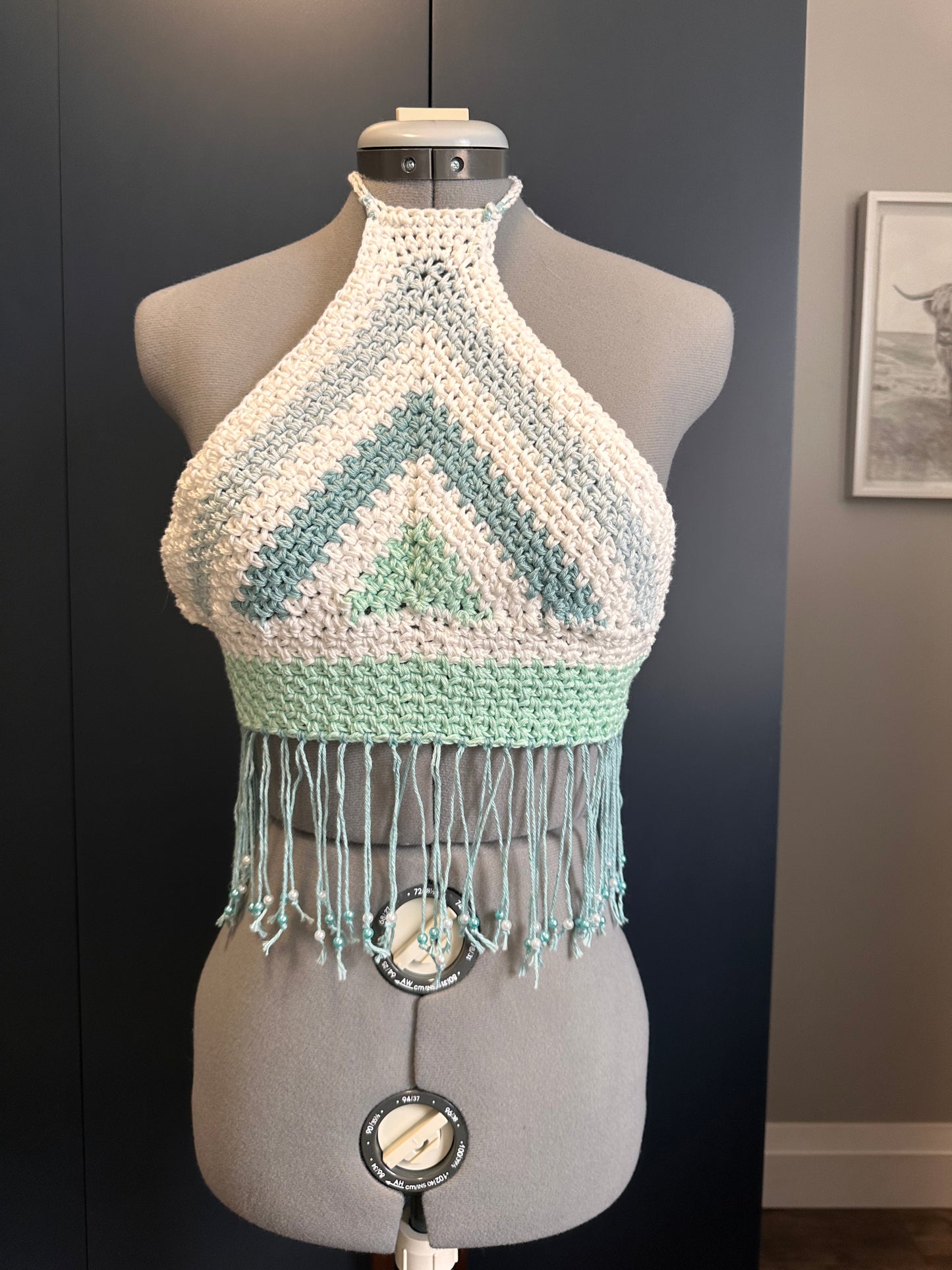 White and Aqua Beachy Crop Top - 100% Acrylic